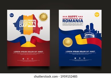 Set poster promotions Romania happy Independence Day background template with futuristic ribbon-shaped flag, gold circle ribbon and silhouette Romania city. vector illustrations