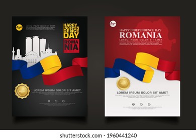 Set poster promotions Romania happy Independence Day background template with futuristic ribbon-shaped flag, gold circle ribbon and silhouette Romania city. vector illustrations