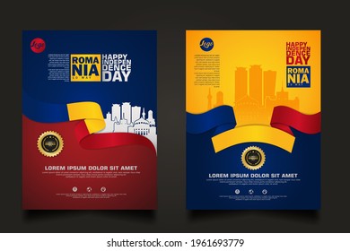 Set poster promotions Romania happy Independence Day background template with futuristic ribbon-shaped flag, gold circle ribbon and silhouette Romania city. vector illustrations