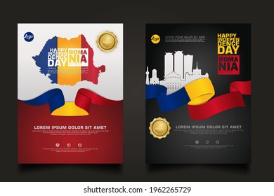 Set poster promotions Romania happy Independence Day background template with futuristic ribbon-shaped flag, gold circle ribbon and silhouette Romania city. vector illustrations