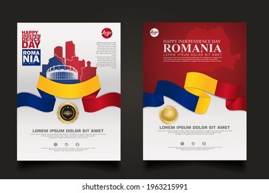 Set poster promotions Romania happy Independence Day background template with futuristic ribbon-shaped flag, gold circle ribbon and silhouette Romania city. vector illustrations
