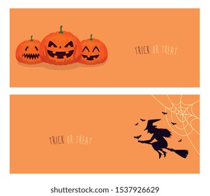 set of poster with pumpkins and witch flying in broom vector illustration design