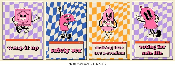 Set of Poster with  retro condom mascot character old animation style. Safe sex,birth control and contraception concept