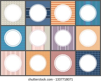 Set of poster with round frame spare place for text isolated on striped, dotted and waves background. Vector greeting card templates, ornamental circled napkins