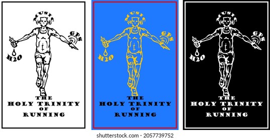 A set of poster with runner holding water bottle, music headphone and a GPS watch with the title: The holy trinity of running. Hand drawn vector illustration.