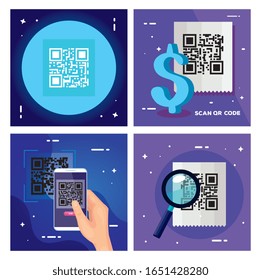 set poster of scan code qr and icons vector illustration design