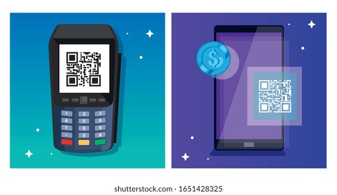 set poster of scan code qr and icons vector illustration design