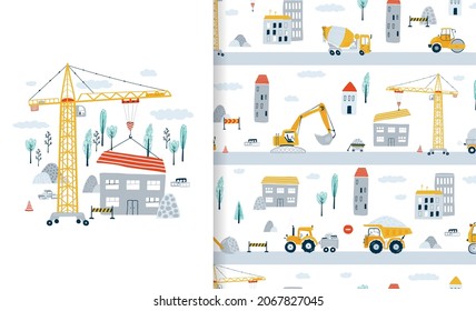 Set poster and seamless pattern with construction vehicle, truck, tractor, construction crane and concrete mixer. Illustration car in cartoon style for wallpaper, fabric and textile design. Vector