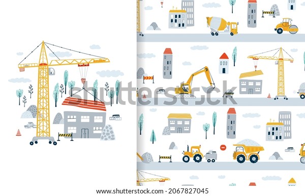 Set poster and seamless pattern with construction\
vehicle, truck, tractor, construction crane and concrete mixer.\
Illustration car in cartoon style for wallpaper, fabric and textile\
design. Vector