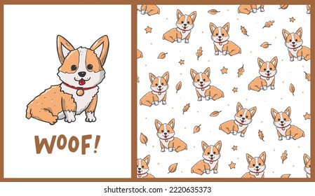 Set of poster and seamless pattern with corgi. Good for nursery prints, apparel decor, stickers, wallpaper, wrapping paper, stationary, etc. EPS 10