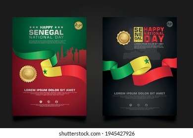 set poster Senegal happy Republic Day background template with elegant ribbon-shaped flag, gold circle ribbon and silhouette senegal city. vector illustrations