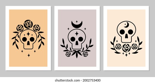 Set poster of skull magic symbols esoteric witch tattoos with crescent moon, rose flower, branch of leaves, star. Vector flat mystic vintage illustration. Design for poster, card, flyer, tarot