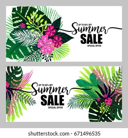 set of poster summer sale on a trendy tropical background, exotic palm bouquet. Card, label, flyer, banner design element. Vector illustration