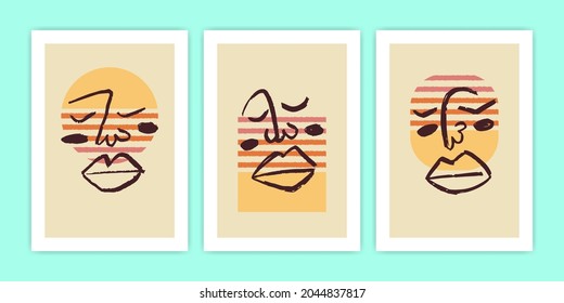 Set of Poster with Sunset Color and Abstract Face