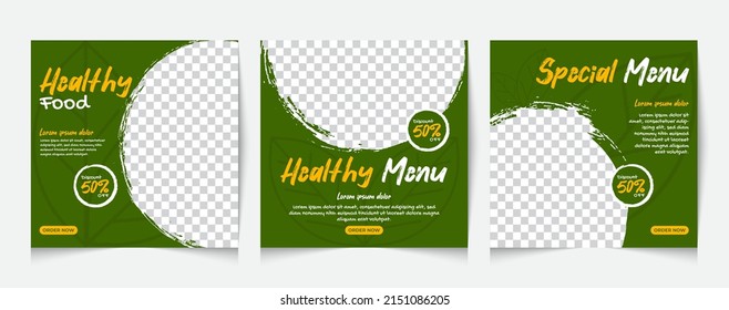 Set a poster template design for posting healthy food on social media. Suitable for restaurant advertising posts and digital culinary promotions