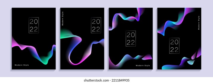 set of poster template designs, book covers. black background with dynamic abstract colorful fluid wave ornament, wave background, colored liquid, design for business, presentation template