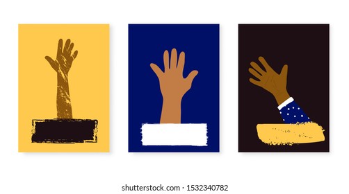 Set of poster template with hands. Collection of blanks for banner. Vector illustration.