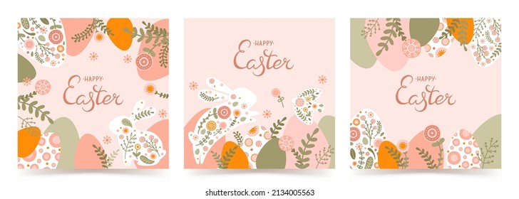 Ponga una plantilla de afiches con una silueta de huevos de Pascua, conejo y flores de estilo plano. Ilustración liebre primavera y huevos en colores pastel y espacio para el texto. Vector