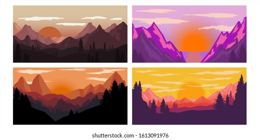 Set of poster template with wild mountains landscape. Design element for banner, flyer, card. Vector illustration