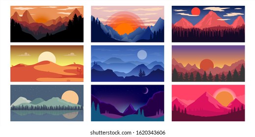 Set of poster template with wild mountains and desert landscape. Design element for banner, flyer, card. Vector illustration