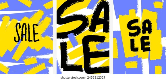 Conjunto de Plantillas de póster con textura de pinceladas y palabra SALE. Abstractas fondos dibujados a mano para volante, Anuncio con manchas de colores. Letras de venta.
