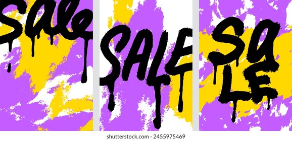 Set of poster templates with brush strokes texture and word SALE. Sale inscription in graffiti style. Abstract hand drawn backgrounds for flyer, banner with colorful stains. Sale lettering