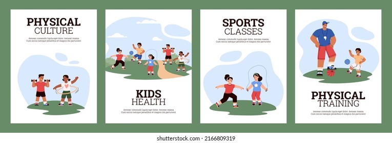 Conjunto de plantillas de afiches, niños entrenan físicamente, ilustración plana vectorial. Los niños juegan en la escuela con una pelota, hacen deportes, fitness. Educación física para la salud de los niños