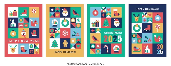 Set of poster templates with Christmas and New Year icons in abstract modern geometric flat style.Bauhaus design.Winter holidays.Seasons greetings.Vector illustration for card, packaging and web.