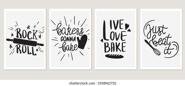 Set of poster templates for kitchen with hand lettering. Quotes about baking. Live Love Bake. Just beat it. Vintage vector illustration.