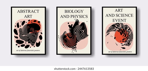 Set of poster templates with modern surrealistic designs of fluid blobs and lines in black and red colors.