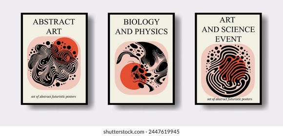 Set of poster templates with modern surrealistic designs of fluid blobs and lines in black and red colors.