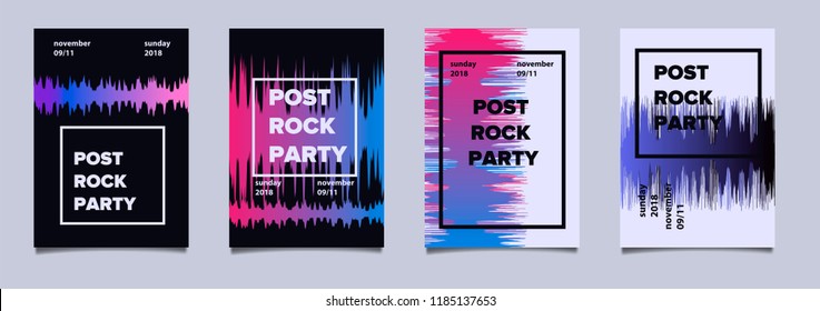 Set of poster templates for post rock party (electronic modern music, progress rock ect) with colorful gradient soundwaves.