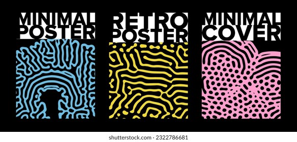 Conjunto de plantillas de afiches con formas de fusión psicodélica y blobs en estilo retro hippie Y2K.