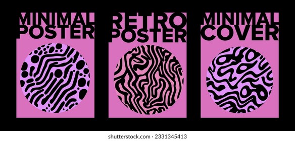 Conjunto de plantillas de afiches con formas de fusión psicodélica y blobs en estilo retro hippie Y2K.