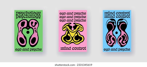 Set of poster templates with psychedelic melting shapes and blobs in retro hippie Y2K style.
