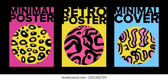 Conjunto de plantillas de afiches con formas de fusión psicodélica y blobs en estilo retro hippie Y2K.
