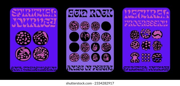 Set of poster templates with psychedelic melting shapes and blobs in retro hippie Y2K style.