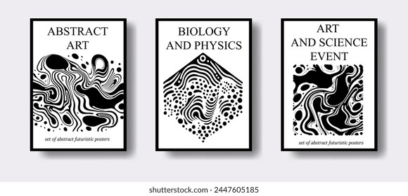 Conjunto de Plantillas de póster para eventos científicos con diseño surrealista futurista, Formas líquidas en blanco y negro y formas.