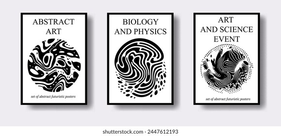 Set of poster templates for science event with futuristic surreal design, black and white liquid shapes and forms.