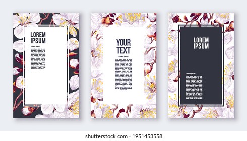 Set of poster templates with spring flowers. Vector inflorescence of fruit trees. Realistic white flowers on dark and white background. Frames, banners, place for text, flyers, advertising layout 
