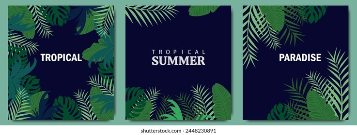 Set of poster templates with tropical leaves on a dark background. Colorful bright palm leaves, monstera, alocasia, banana, philodendron. Vector illustration with tropical paradise.
