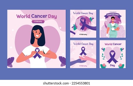 Set of Poster Templates for World Cancer Day, Flat designed with Health Care Illustration on Purple Square Background for social media, Greeting Card.