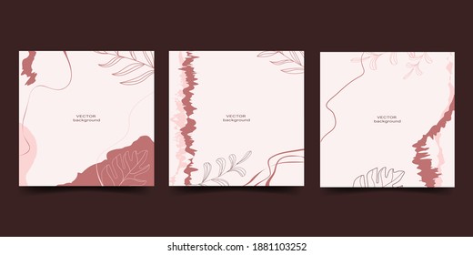 Set of poster with tropical leaves. Minimalistic monochrome design background for social networks, print, sales, postcards. Vector
