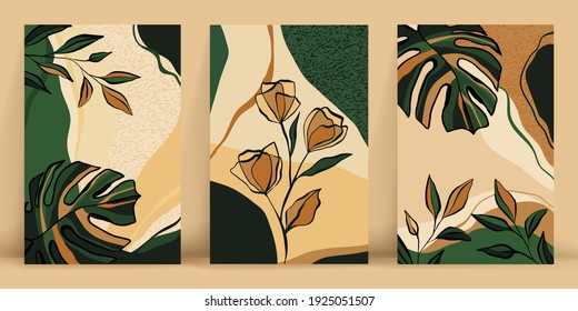 Set of poster with tropical plants are drawn with line by hand. Minimalistic geometric shapes in green, gold, beige colors. Contemporary wall art. Design for social media, stories, beauty, interior