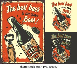 Juego de pósters, estampado de color de camisetas, botella de cerveza de lager con espuma. Pinta, abreador y tapón de cerveza para el festival de oktoberfest de tipo bávaro