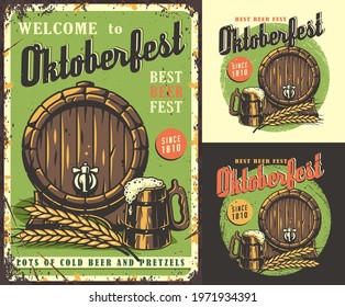 Set of poster, t-shirt colored print, craft lager beer mug with foam. Wooden barrel and barley for bavarian oktoberfest