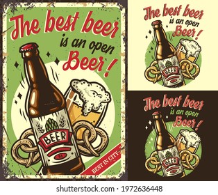 Set of poster, t-shirt colored print, craft lager beer mug with foam. Pint, pretzel and bottle for bavarian oktoberfest