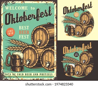 Set of poster, t-shirt colored print, craft lager beer mug with foam. Wooden barrel and barley for bavarian oktoberfest