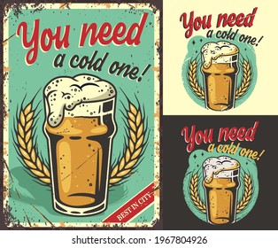 Set of poster, t-shirt print or emblem with craft lager beer mug with foam. Barley for bavarian oktoberfest