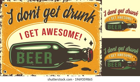 Set of poster, t-shirt print or emblem with lying craft lager beer bottle and cap for design of pub or bar